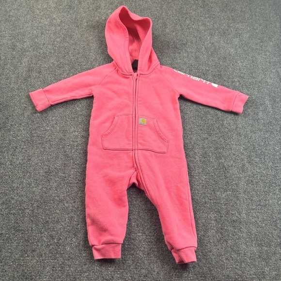 CARHARTT Girls Pink Long Sleeve Zip Front Hooded Coverall Sweatsuit size: 9M - Picture 1 of 7